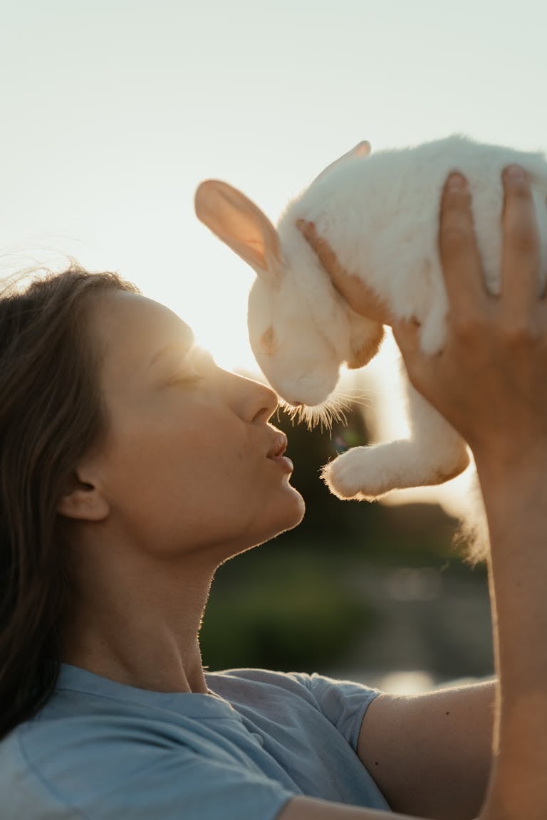 A woman lovingly kisses a white rabbit outdoors in the warm sunset light.